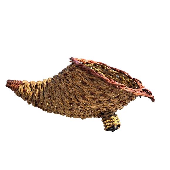 Cornucopia Wicker Basket HORN OF PLENTY TABLE DECOR thanksgiving woven handle - Picture 1 of 5